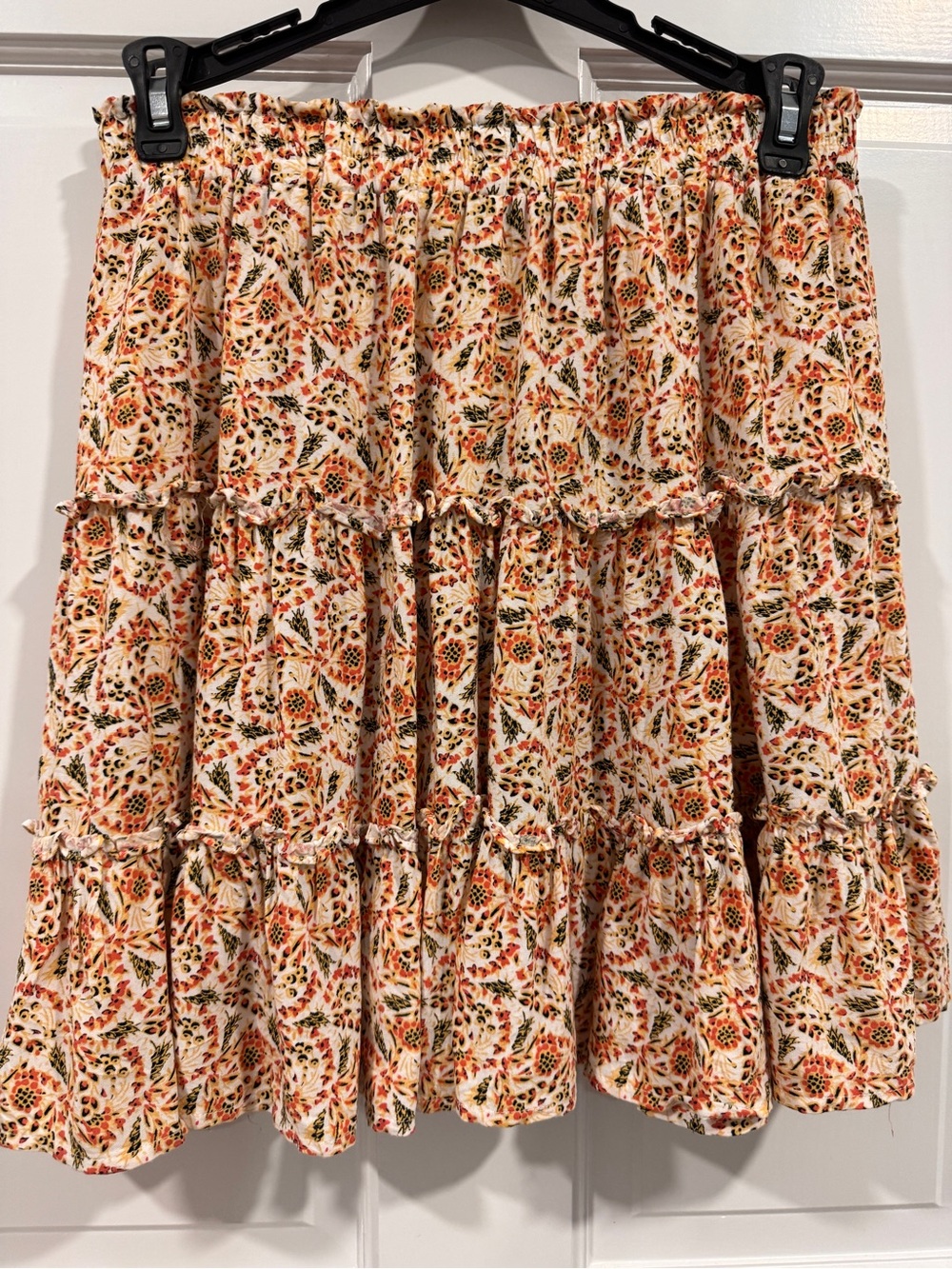 Boho Floral Tiered Mini Skirt - Cream with Orange Floral Print - Picture 2 of 3